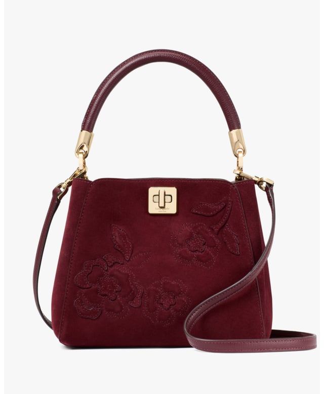 Phoebe Suede Floral Applique Small Top Handle Satchel, Phoebe Suede Applique Small Top Handle Satchel, Fits Largest Iphone, Comes W Crossbody Strap, Back Slip Pocket,  Length: 11.50 Cm,  Width: 20.50 Cm,  Height: 17.00 Cm