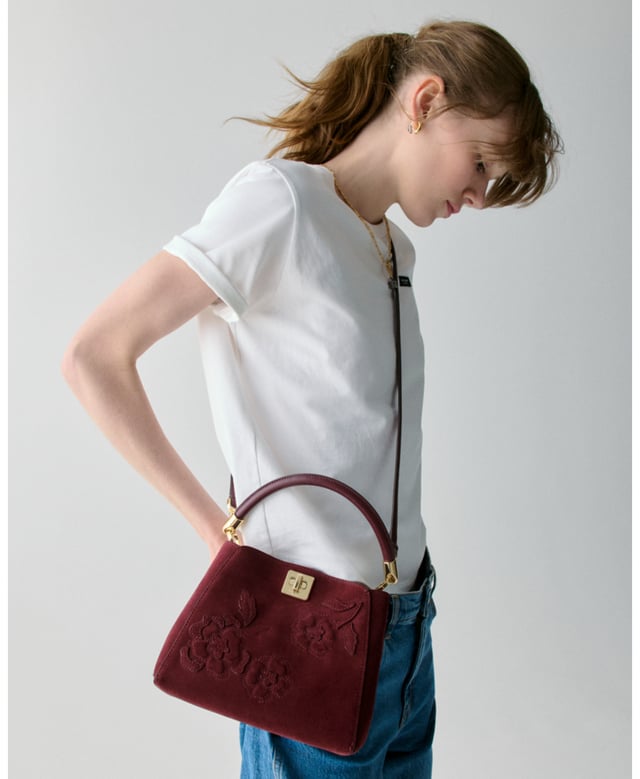 Phoebe Suede Floral Applique Small Top Handle Satchel, Phoebe Suede Applique Small Top Handle Satchel, Fits Largest Iphone, Comes W Crossbody Strap, Back Slip Pocket,  Length: 11.50 Cm,  Width: 20.50 Cm,  Height: 17.00 Cm