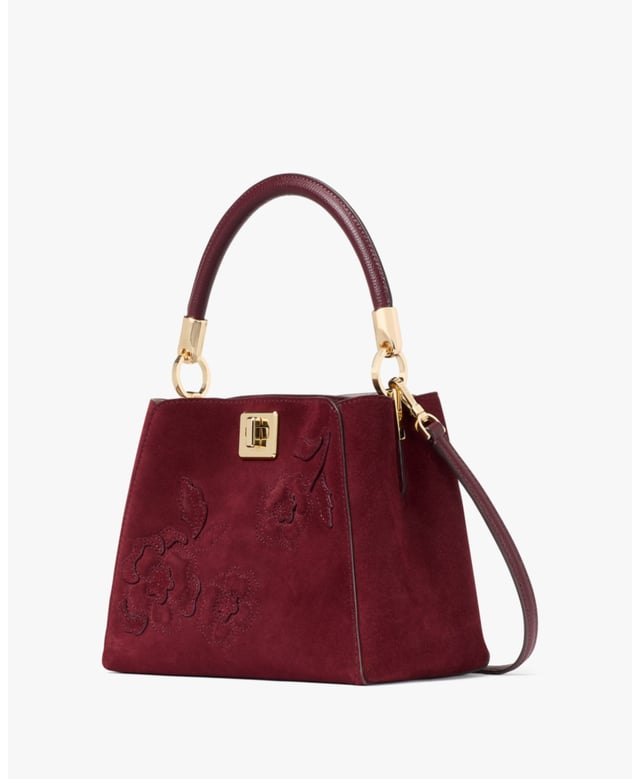 Phoebe Suede Floral Applique Small Top Handle Satchel, Phoebe Suede Applique Small Top Handle Satchel, Fits Largest Iphone, Comes W Crossbody Strap, Back Slip Pocket,  Length: 11.50 Cm,  Width: 20.50 Cm,  Height: 17.00 Cm