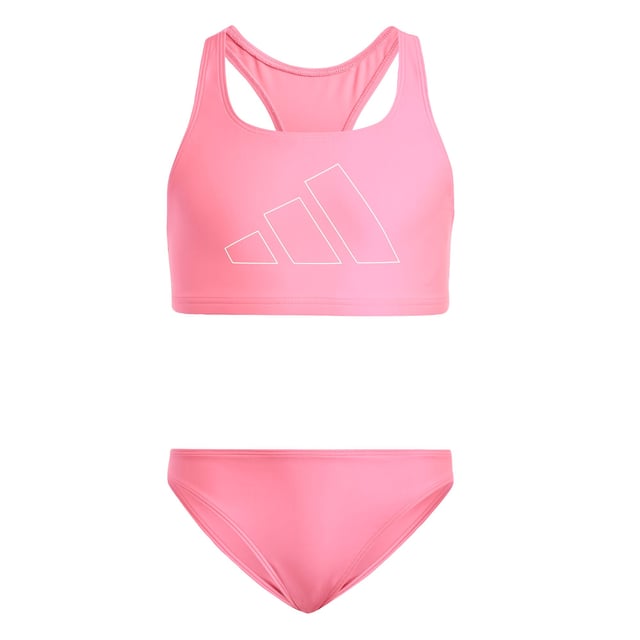 Make a splash in this juniors' adidas bikini. The stylish two-piece suit features an outlined 3 Bar Logo front and centre, showcasing your adidas pride. Underbust elastic provides extra support for swimming and other water sports. This product is made with at least 70% recycled materials. By reusing materials that have already been created, adidas help to reduce waste and our reliance on finite resources and reduce the footprint of the products adidas make.  - Tight fit - 78% polyester (recycled), 22% elastane - Lined gusset - Infinitex fabric  Shipped by adidas