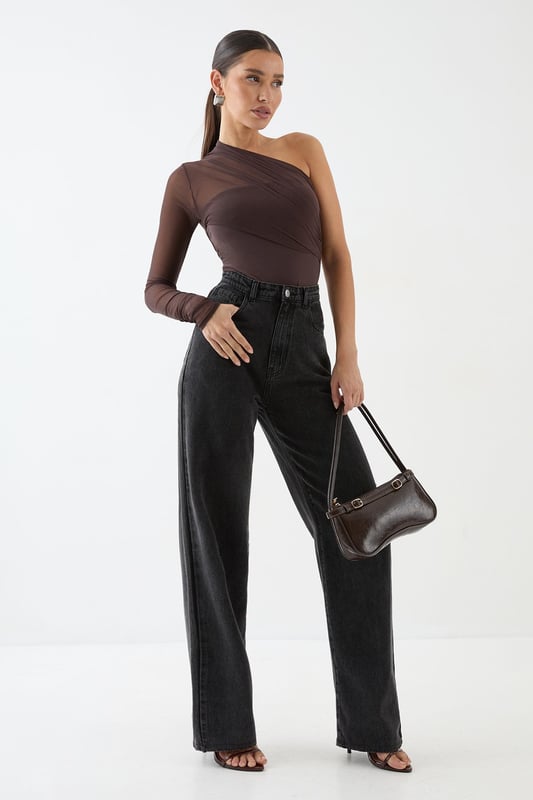 Striking one-shoulder design for a bold, asymmetric look
        Sheer mesh long sleeve adds allure and intrigue
        Figure-hugging bodysuit silhouette for a sleek fit
        Versatile piece that can be dressed up or down
        Perfect for making a statement on nights out
    
    Make heads turn in this daring mesh one-shoulder bodysuit from MissPap. The asymmetric neckline and sheer long sleeve create a captivating contrast, while the form-fitting silhouette accentuates your curves. For a night out on the town, pair it with high-waisted wide-leg jeans and statement heels to create a look that's both edgy and chic. Add some sparkle with bold earrings and a metallic clutch. When it's time to hit the dance floor, swap the jeans for a sleek mini skirt and strappy sandals. This versatile piece can also be layered under a blazer for a more sophisticated ensemble. Whether you're heading to a trendy bar or a pulsing nightclub, this bodysuit ensures you'll be the centre of attention all night long.