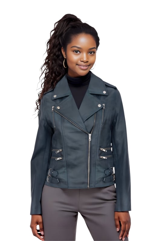 This double-breasted biker jacket is a top seller, loved for its sharp silhouette and stylish flair. With a wide notched lapel, shoulder epaulettes, and multiple zip pockets, it blends function with fashion. Adjustable buckle tabs and slim fit enhance comfort and style. Available in a wide range of colours.

Key Features:

100% premium ultra-soft Nappa leather
High-quality polyester blend lining
Off-centre YKK zip fastening
Wide notched lapel with press studs
Shoulder epaulettes with stud fastening
Six zipped exterior pockets for storage
Adjustable buckle tabs at the hips
Slim-fitting, cropped biker design