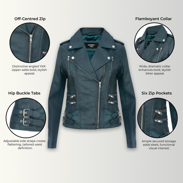 This double-breasted biker jacket is a top seller, loved for its sharp silhouette and stylish flair. With a wide notched lapel, shoulder epaulettes, and multiple zip pockets, it blends function with fashion. Adjustable buckle tabs and slim fit enhance comfort and style. Available in a wide range of colours.

Key Features:

100% premium ultra-soft Nappa leather
High-quality polyester blend lining
Off-centre YKK zip fastening
Wide notched lapel with press studs
Shoulder epaulettes with stud fastening
Six zipped exterior pockets for storage
Adjustable buckle tabs at the hips
Slim-fitting, cropped biker design