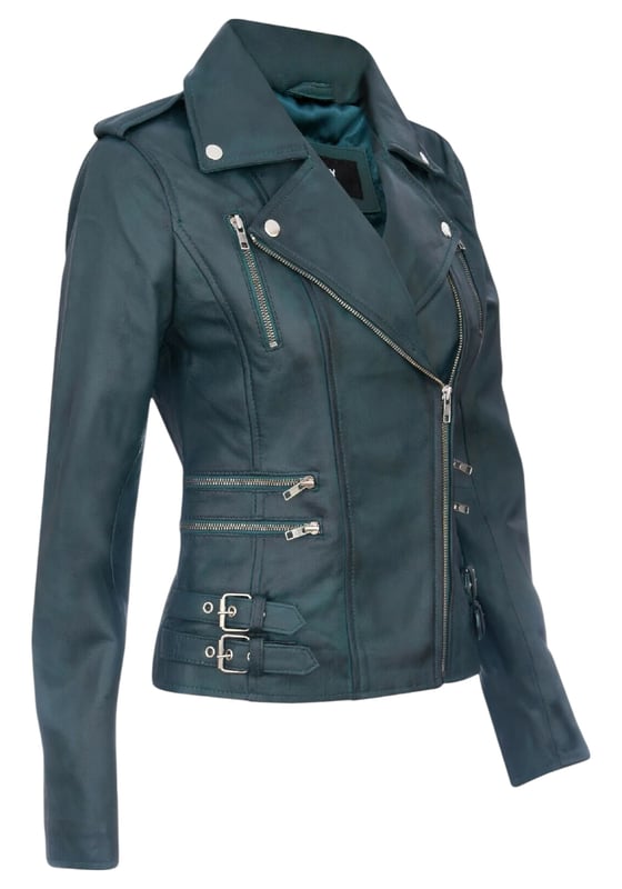 This double-breasted biker jacket is a top seller, loved for its sharp silhouette and stylish flair. With a wide notched lapel, shoulder epaulettes, and multiple zip pockets, it blends function with fashion. Adjustable buckle tabs and slim fit enhance comfort and style. Available in a wide range of colours.

Key Features:

100% premium ultra-soft Nappa leather
High-quality polyester blend lining
Off-centre YKK zip fastening
Wide notched lapel with press studs
Shoulder epaulettes with stud fastening
Six zipped exterior pockets for storage
Adjustable buckle tabs at the hips
Slim-fitting, cropped biker design