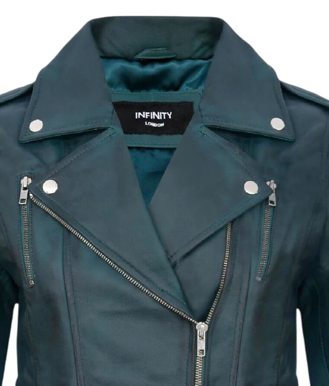 This double-breasted biker jacket is a top seller, loved for its sharp silhouette and stylish flair. With a wide notched lapel, shoulder epaulettes, and multiple zip pockets, it blends function with fashion. Adjustable buckle tabs and slim fit enhance comfort and style. Available in a wide range of colours.

Key Features:

100% premium ultra-soft Nappa leather
High-quality polyester blend lining
Off-centre YKK zip fastening
Wide notched lapel with press studs
Shoulder epaulettes with stud fastening
Six zipped exterior pockets for storage
Adjustable buckle tabs at the hips
Slim-fitting, cropped biker design