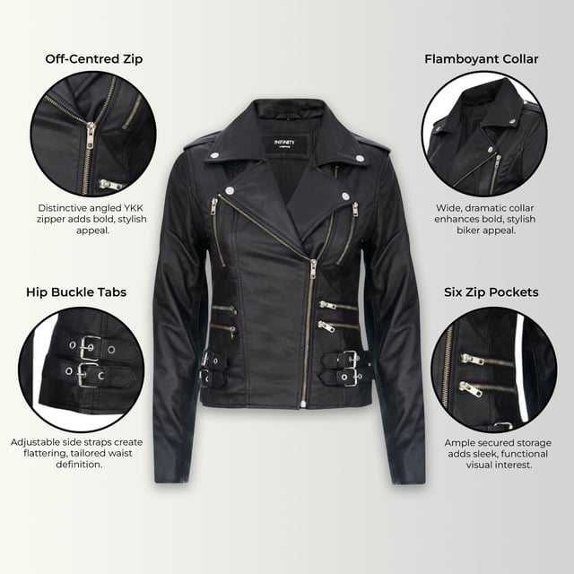 Diese zweireihige Bikerjacke ist ein Verkaufsschlager und wird für ihre scharfe Silhouette und ihr stilvolles Flair geliebt. Mit einem breiten Revers, Schulterklappen und mehreren Reißverschlusstaschen verbindet sie Funktionalität mit Mode. Verstellbare Schnallenlaschen und die schmale Passform verbessern Komfort und Stil. In vielen Farben erhältlich. Hauptmerkmale: 100 % hochwertiges, ultraweiches Nappaleder; Hochwertiges Futter aus Polyestermischung; Dezentraler YKK-Reißverschluss; Breites Revers mit Druckknöpfen; Schulterklappen mit Druckknopfverschluss; Sechs Außentaschen mit Reißverschluss zur Aufbewahrung; Verstellbare Schnallenlaschen an den Hüften; Schmal geschnittenes, verkürztes Bikerdesign