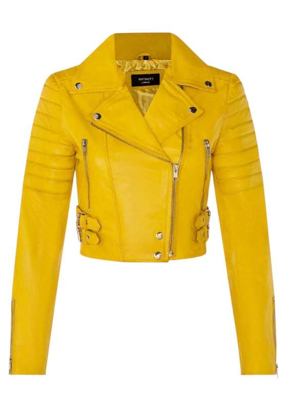 Indulge in sleek luxury with this cropped Brando-style leather jacket. Crafted from ultra-soft lamb nappa leather and lined with premium satin, it blends timeless biker attitude with modern elegance. Sophisticated detailing and a flattering silhouette make it a versatile essential for every fashion-forward wardrobe.

Key Features:
Soft and supple lamb nappa leather
Premium polyester inner lining for comfort
Cropped fit for a chic, flattering look
Classic Brando-style notched lapel
Off-centered YKK zip front fastening
Stylish quilted shoulders for a distinctive edge
2 outer extended vertical zipped pockets
Zipped cuffs – roll them up for a custom look
Buckle-adjustable side belts for a tailored fit