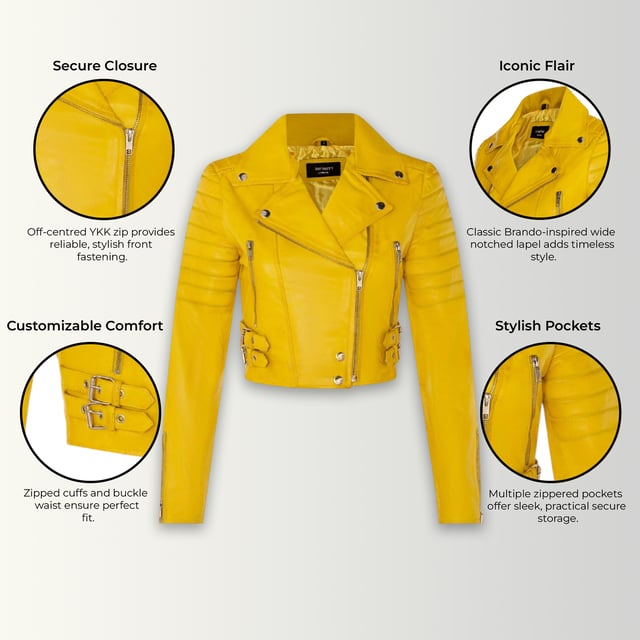 Indulge in sleek luxury with this cropped Brando-style leather jacket. Crafted from ultra-soft lamb nappa leather and lined with premium satin, it blends timeless biker attitude with modern elegance. Sophisticated detailing and a flattering silhouette make it a versatile essential for every fashion-forward wardrobe.

Key Features:
Soft and supple lamb nappa leather
Premium polyester inner lining for comfort
Cropped fit for a chic, flattering look
Classic Brando-style notched lapel
Off-centered YKK zip front fastening
Stylish quilted shoulders for a distinctive edge
2 outer extended vertical zipped pockets
Zipped cuffs – roll them up for a custom look
Buckle-adjustable side belts for a tailored fit