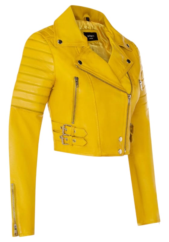 Indulge in sleek luxury with this cropped Brando-style leather jacket. Crafted from ultra-soft lamb nappa leather and lined with premium satin, it blends timeless biker attitude with modern elegance. Sophisticated detailing and a flattering silhouette make it a versatile essential for every fashion-forward wardrobe.

Key Features:
Soft and supple lamb nappa leather
Premium polyester inner lining for comfort
Cropped fit for a chic, flattering look
Classic Brando-style notched lapel
Off-centered YKK zip front fastening
Stylish quilted shoulders for a distinctive edge
2 outer extended vertical zipped pockets
Zipped cuffs – roll them up for a custom look
Buckle-adjustable side belts for a tailored fit