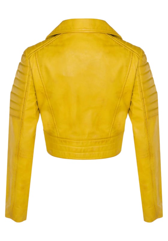 Indulge in sleek luxury with this cropped Brando-style leather jacket. Crafted from ultra-soft lamb nappa leather and lined with premium satin, it blends timeless biker attitude with modern elegance. Sophisticated detailing and a flattering silhouette make it a versatile essential for every fashion-forward wardrobe.

Key Features:
Soft and supple lamb nappa leather
Premium polyester inner lining for comfort
Cropped fit for a chic, flattering look
Classic Brando-style notched lapel
Off-centered YKK zip front fastening
Stylish quilted shoulders for a distinctive edge
2 outer extended vertical zipped pockets
Zipped cuffs – roll them up for a custom look
Buckle-adjustable side belts for a tailored fit