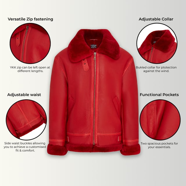 Embrace unparalleled warmth and timeless style with this iconic B3 Bomber Jacket. Crafted from genuine sheepskin, it features a luxurious shearling and fur shearling lining that provides exceptional comfort in cold weather. The full-length YKK zip fastening allows for versatile styling, while exposed shearling trims at the collar, cuffs, and hem add bold character. A distinctive collar buckle ensures an adjustable fit, and two practical outer pockets offer convenience and a sleek design, blending rugged appeal with classic elegance.

Crafted from genuine Sheepskin for exceptional warmth and durability
Luxurious Shearling and Fur Shearling Lining provides unparalleled comfort
Full-length YKK Zip Fastening allows for versatile styling
Exposed Shearling Trims at collar, cuffs, and hem add bold character
Two practical Outer Pockets for convenience and sleek design
Adjustable Collar with buckle fastening for a tailored fit