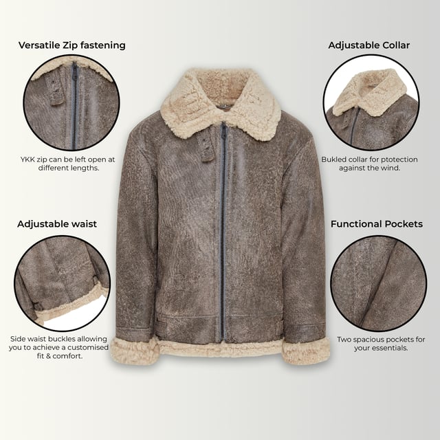 Famosa por mantener abrigados a los pilotos de la Segunda Guerra Mundial a 25.000 pies, la B3 es nuestra chaqueta de piel de oveja más popular, apreciada por su estilo atemporal y su excepcional calidez. Confeccionada con lujosa piel de oveja de doble cara, ofrece un aislamiento inigualable, un llamativo look retro y una comodidad superior para que puedas superar los inviernos más duros. Características principales: Construcción completa de piel de oveja de doble cara. El grueso forro de piel de oveja retiene el calor corporal de forma natural. Cuello ancho con muescas y ribete reversible de piel de oveja. El cuello se puede abrochar con una correa de hebilla ajustable. Cremallera YKK gruesa y completa en bronce. Dos bolsillos angulados para calentar las manos. Puños reversibles. Correa ajustable en la cintura para un ajuste a medida. Ajuste clásico y cómodo para combinar fácilmente con otras prendas.