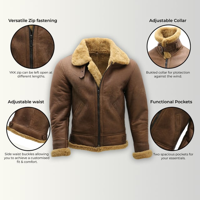 Renowned for keeping WWII pilots warm at 25,000 ft, the B3 is our most popular sheepskin jacket—loved for its timeless style and exceptional warmth. Crafted from luxurious double-faced sheepskin, it offers unbeatable insulation, a striking retro look, and premium comfort to see you through the harshest winters.

Key Features:

Full double-faced sheepskin construction
Thick sheepskin lining retains body heat naturally
Wide notched collar with reversible sheepskin trim
Collar can be fastened with an adjustable buckle strap
Chunky, full-length gunmetal YKK zipper
Two angled hand-warmer pockets
Reversible cuffs
Adjustable waist strap for a tailored fit
Classic comfort fit for easy layering