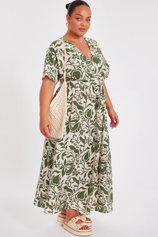 - Tropical print - V-neck - Wrap front look - Ruched waistline - Model height: 5'6" - Model wears uk 18 / us 14 / eur 46 - Always check the wash care label - Cool hand wash with mild detergent