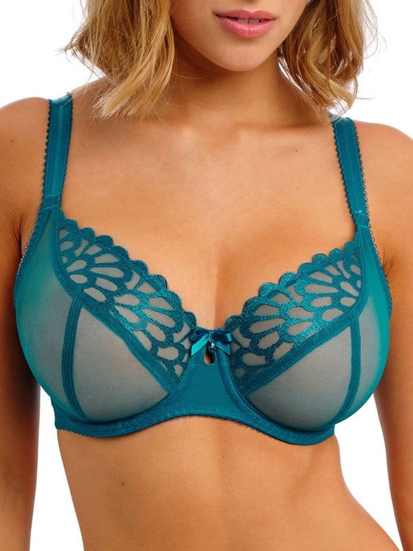 Freya Loveland Plunge Bra. With embroidered geometric design, a plunge neck and plain powernet wing. Product is recommended hand-wash only.