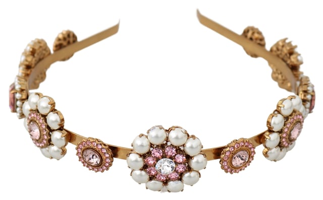 100% Authentic Dolce & Gabbana crystal diadem tiara
  From the Exclusive MainLine Dolce & Gabbana Collection
  Color: Clear pink gold
  Material: Brass crystals pearls
  Size: One size