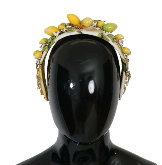 Brand: Dolce & Gabbana
  Headband diadem tiara
  Color: Yellow and white multicolor
  Motive: Lemons Sicily
  Material: 40% Cotton 20% Crystal 40% Brass
  Crystals: Orange
  Perfect for women