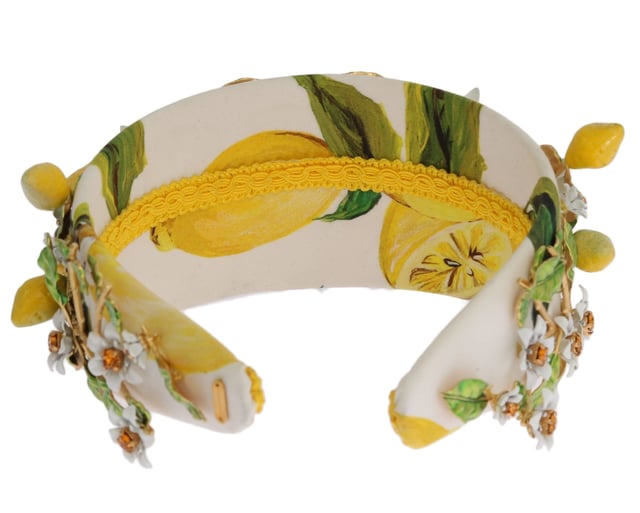 Brand: Dolce & Gabbana
  Headband diadem tiara
  Color: Yellow and white multicolor
  Motive: Lemons Sicily
  Material: 40% Cotton 20% Crystal 40% Brass
  Crystals: Orange
  Perfect for women