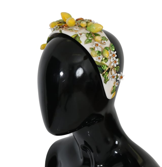 Brand: Dolce & Gabbana
  Headband diadem tiara
  Color: Yellow and white multicolor
  Motive: Lemons Sicily
  Material: 40% Cotton 20% Crystal 40% Brass
  Crystals: Orange
  Perfect for women