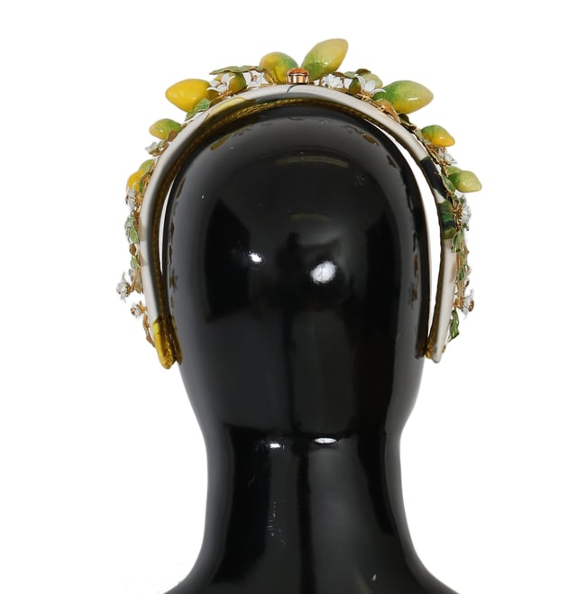 Brand: Dolce & Gabbana
  Headband diadem tiara
  Color: Yellow and white multicolor
  Motive: Lemons Sicily
  Material: 40% Cotton 20% Crystal 40% Brass
  Crystals: Orange
  Perfect for women
