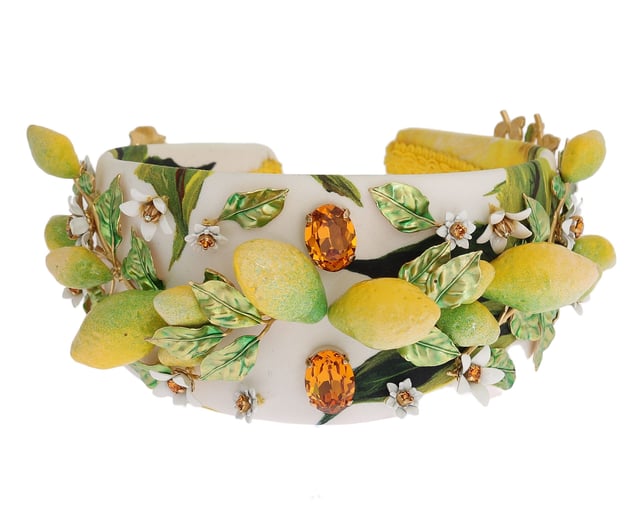 Brand: Dolce & Gabbana
  Headband diadem tiara
  Color: Yellow and white multicolor
  Motive: Lemons Sicily
  Material: 40% Cotton 20% Crystal 40% Brass
  Crystals: Orange
  Perfect for women