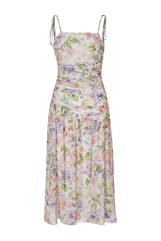 - Chiffon finish - Floral print - Ruched bodice - Drop waist look - Asymmetric waistline - Tie straps - Model height: 5'3" - Model wears uk 8 / us 4 / eur 36 - Always check the wash care label - Cool hand wash with mild detergent