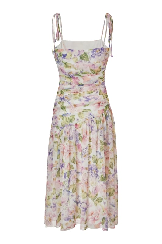 - Chiffon finish - Floral print - Ruched bodice - Drop waist look - Asymmetric waistline - Tie straps - Model height: 5'3" - Model wears uk 8 / us 4 / eur 36 - Always check the wash care label - Cool hand wash with mild detergent