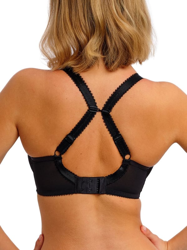 Freya Fascinate Moulded Plunge T-Shirt Bra. Underwired foam padded t-shirt bra with a low plunge neckline, decorative mesh cradle and metallic ring detailing. Product is hand wash only.