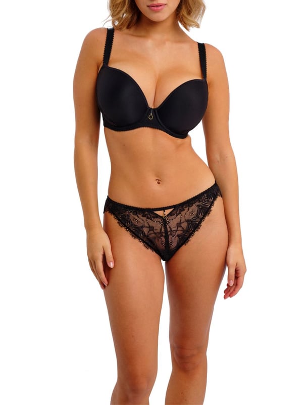 Freya Fascinate Moulded Plunge T-Shirt Bra. Underwired foam padded t-shirt bra with a low plunge neckline, decorative mesh cradle and metallic ring detailing. Product is hand wash only.