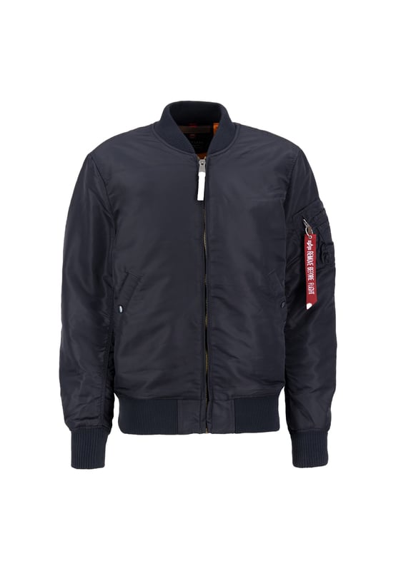 We present the MA-1 VF 59 Long bomber jacket from Alpha Industries. This stylish and comfortable jacket is perfect for men who desire a slim fit with a longer cut. It features an orange lining and a pencil pocket for added convenience.