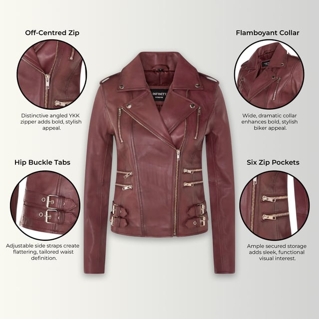 Diese zweireihige Bikerjacke ist ein Verkaufsschlager und wird für ihre scharfe Silhouette und ihr stilvolles Flair geliebt. Mit einem breiten Revers, Schulterklappen und mehreren Reißverschlusstaschen verbindet sie Funktionalität mit Mode. Verstellbare Schnallenlaschen und die schmale Passform verbessern Komfort und Stil. In vielen Farben erhältlich. Hauptmerkmale: 100 % hochwertiges, ultraweiches Nappaleder; Hochwertiges Futter aus Polyestermischung; Dezentraler YKK-Reißverschluss; Breites Revers mit Druckknöpfen; Schulterklappen mit Druckknopfverschluss; Sechs Außentaschen mit Reißverschluss zur Aufbewahrung; Verstellbare Schnallenlaschen an den Hüften; Schmal geschnittenes, verkürztes Bikerdesign