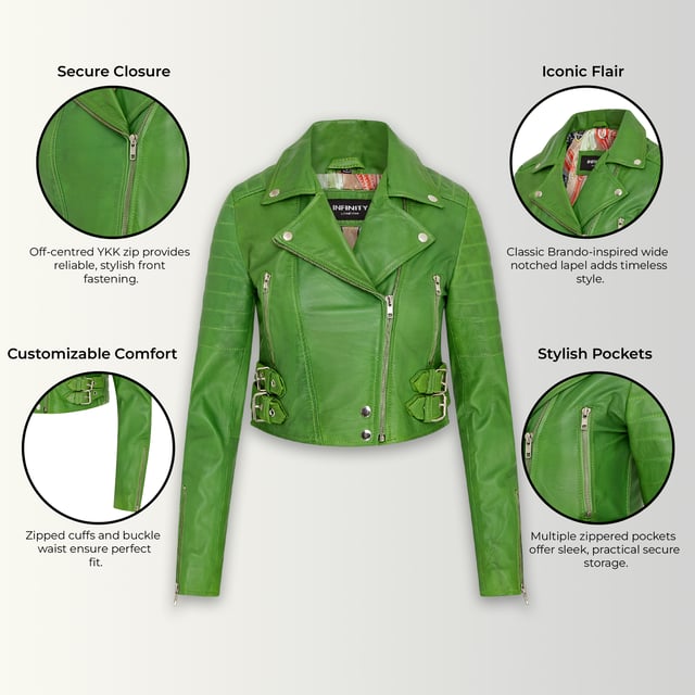 Apfelgrüne, kurze Brando-Bikerjacke aus Leder für Damen – Damaskus Gönnen Sie sich eleganten Luxus mit dieser kurzen Lederjacke im Brando-Stil. Sie ist aus ultraweichem Lammnappaleder gefertigt und mit hochwertigem Satin gefüttert. Sie verbindet zeitlosen Biker-Look mit moderner Eleganz. Anspruchsvolle Details und eine schmeichelhafte Silhouette machen sie zu einem vielseitigen Basic für jede modebewusste Garderobe. Wichtige Eigenschaften: Weiches und geschmeidiges Lammnappaleder Innenfutter aus hochwertigem Polyester für mehr Komfort Kurze Passform für einen schicken, schmeichelhaften Look Klassisches Revers im Brando-Stil Dezentrierter YKK-Reißverschluss vorne Stilvoll gesteppte Schultern für eine unverwechselbare Note 2 verlängerte vertikale Außentaschen mit Reißverschluss Ärmelbündchen mit Reißverschluss – krempeln Sie sie hoch für einen individuellen Look Seitliche Gürtel mit Schnallenverstellung für eine maßgeschneiderte Passform