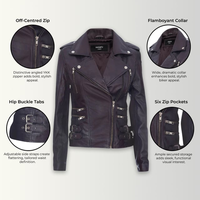 Esta chaqueta biker cruzada es un éxito de ventas, apreciada por su silueta definida y estilo. Con solapa ancha de muesca, charreteras y múltiples bolsillos con cremallera, combina funcionalidad y estilo. Las hebillas ajustables y el corte entallado mejoran la comodidad y el estilo. Disponible en una amplia gama de colores. Características principales: 100 % piel napa premium ultrasuave. Forro de mezcla de poliéster de alta calidad. Cierre descentrado con cremallera YKK. Solapa ancha de muesca con botones a presión. Charreteras con cierre de botón. Seis bolsillos exteriores con cremallera. Hebillas ajustables en la cadera. Diseño biker corto y entallado.