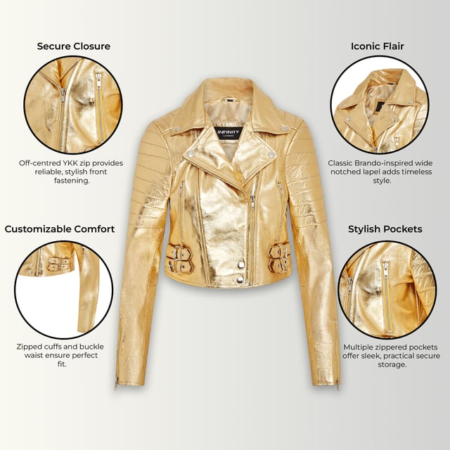 Gönnen Sie sich eleganten Luxus mit dieser kurzen Lederjacke im Brando-Stil. Sie ist aus ultraweichem Lammnappaleder gefertigt und mit hochwertigem Satin gefüttert. Sie verbindet zeitlosen Biker-Look mit moderner Eleganz. Anspruchsvolle Details und eine schmeichelhafte Silhouette machen sie zu einem vielseitigen Basic für jede modebewusste Garderobe. Wichtige Eigenschaften: Weiches und geschmeidiges Lammnappaleder Innenfutter aus hochwertigem Polyester für mehr Komfort Kurze Passform für einen schicken, schmeichelhaften Look Klassisches Revers im Brando-Stil Dezentrierter YKK-Reißverschluss vorne Stilvoll gesteppte Schultern für eine unverwechselbare Note 2 verlängerte vertikale Außentaschen mit Reißverschluss Ärmelbündchen mit Reißverschluss – krempeln Sie sie hoch für einen individuellen Look Seitliche Gürtel mit Schnallenverstellung für eine maßgeschneiderte Passform