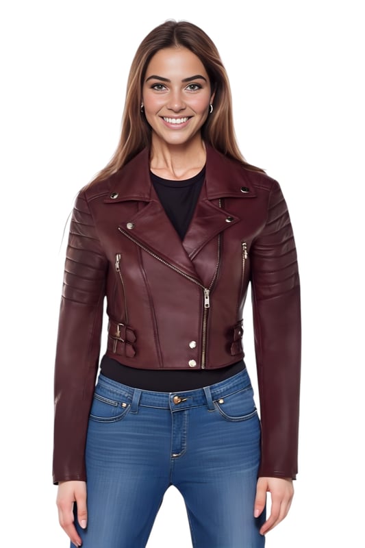 Gönnen Sie sich eleganten Luxus mit dieser kurzen Lederjacke im Brando-Stil. Sie ist aus ultraweichem Lammnappaleder gefertigt und mit hochwertigem Satin gefüttert. Sie verbindet zeitlosen Biker-Look mit moderner Eleganz. Anspruchsvolle Details und eine schmeichelhafte Silhouette machen sie zu einem vielseitigen Basic für jede modebewusste Garderobe. Wichtige Eigenschaften: Weiches und geschmeidiges Lammnappaleder Innenfutter aus hochwertigem Polyester für mehr Komfort Kurze Passform für einen schicken, schmeichelhaften Look Klassisches Revers im Brando-Stil Dezentrierter YKK-Reißverschluss vorne Stilvoll gesteppte Schultern für eine unverwechselbare Note 2 verlängerte vertikale Außentaschen mit Reißverschluss Ärmelbündchen mit Reißverschluss – krempeln Sie sie hoch für einen individuellen Look Seitliche Gürtel mit Schnallenverstellung für eine maßgeschneiderte Passform