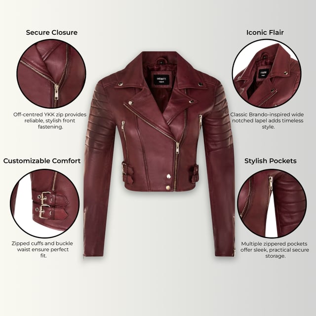 Gönnen Sie sich eleganten Luxus mit dieser kurzen Lederjacke im Brando-Stil. Sie ist aus ultraweichem Lammnappaleder gefertigt und mit hochwertigem Satin gefüttert. Sie verbindet zeitlosen Biker-Look mit moderner Eleganz. Anspruchsvolle Details und eine schmeichelhafte Silhouette machen sie zu einem vielseitigen Basic für jede modebewusste Garderobe. Wichtige Eigenschaften: Weiches und geschmeidiges Lammnappaleder Innenfutter aus hochwertigem Polyester für mehr Komfort Kurze Passform für einen schicken, schmeichelhaften Look Klassisches Revers im Brando-Stil Dezentrierter YKK-Reißverschluss vorne Stilvoll gesteppte Schultern für eine unverwechselbare Note 2 verlängerte vertikale Außentaschen mit Reißverschluss Ärmelbündchen mit Reißverschluss – krempeln Sie sie hoch für einen individuellen Look Seitliche Gürtel mit Schnallenverstellung für eine maßgeschneiderte Passform