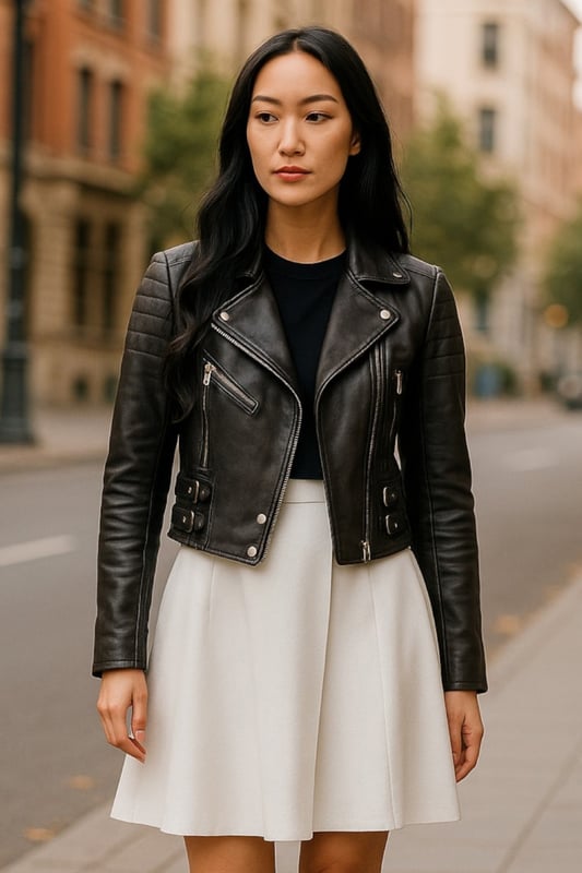 Indulge in sleek luxury with this cropped Brando-style leather jacket. Crafted from ultra-soft lamb nappa leather and lined with premium satin, it blends timeless biker attitude with modern elegance. Sophisticated detailing and a flattering silhouette make it a versatile essential for every fashion-forward wardrobe.

Key Features:
Soft and supple lamb nappa leather
Premium polyester inner lining for comfort
Cropped fit for a chic, flattering look
Classic Brando-style notched lapel
Off-centered YKK zip front fastening
Stylish quilted shoulders for a distinctive edge
2 outer extended vertical zipped pockets
Zipped cuffs – roll them up for a custom look
Buckle-adjustable side belts for a tailored fit
