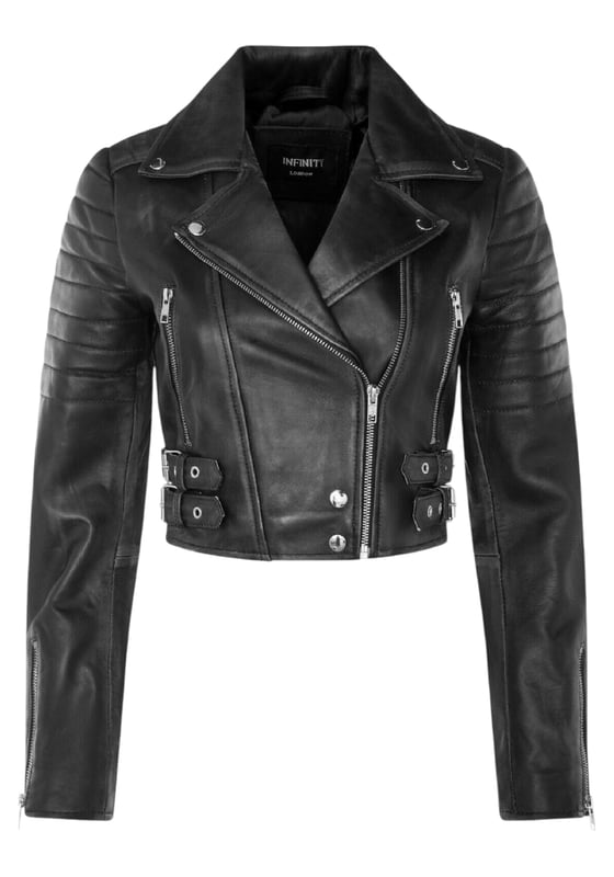 Indulge in sleek luxury with this cropped Brando-style leather jacket. Crafted from ultra-soft lamb nappa leather and lined with premium satin, it blends timeless biker attitude with modern elegance. Sophisticated detailing and a flattering silhouette make it a versatile essential for every fashion-forward wardrobe.

Key Features:
Soft and supple lamb nappa leather
Premium polyester inner lining for comfort
Cropped fit for a chic, flattering look
Classic Brando-style notched lapel
Off-centered YKK zip front fastening
Stylish quilted shoulders for a distinctive edge
2 outer extended vertical zipped pockets
Zipped cuffs – roll them up for a custom look
Buckle-adjustable side belts for a tailored fit