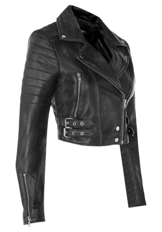 Indulge in sleek luxury with this cropped Brando-style leather jacket. Crafted from ultra-soft lamb nappa leather and lined with premium satin, it blends timeless biker attitude with modern elegance. Sophisticated detailing and a flattering silhouette make it a versatile essential for every fashion-forward wardrobe.

Key Features:
Soft and supple lamb nappa leather
Premium polyester inner lining for comfort
Cropped fit for a chic, flattering look
Classic Brando-style notched lapel
Off-centered YKK zip front fastening
Stylish quilted shoulders for a distinctive edge
2 outer extended vertical zipped pockets
Zipped cuffs – roll them up for a custom look
Buckle-adjustable side belts for a tailored fit