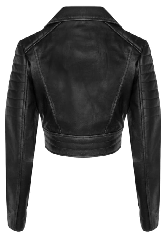 Indulge in sleek luxury with this cropped Brando-style leather jacket. Crafted from ultra-soft lamb nappa leather and lined with premium satin, it blends timeless biker attitude with modern elegance. Sophisticated detailing and a flattering silhouette make it a versatile essential for every fashion-forward wardrobe.

Key Features:
Soft and supple lamb nappa leather
Premium polyester inner lining for comfort
Cropped fit for a chic, flattering look
Classic Brando-style notched lapel
Off-centered YKK zip front fastening
Stylish quilted shoulders for a distinctive edge
2 outer extended vertical zipped pockets
Zipped cuffs – roll them up for a custom look
Buckle-adjustable side belts for a tailored fit