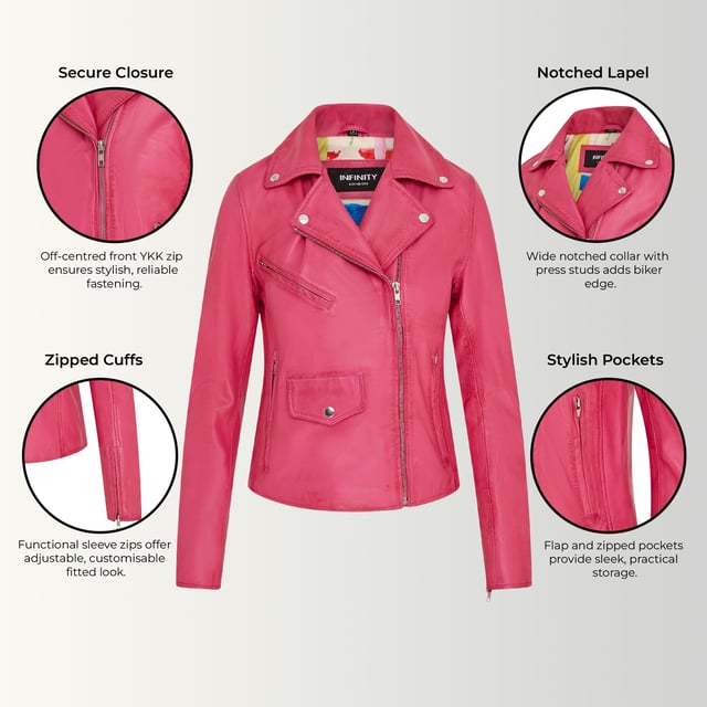 Diese auffällige Bikerjacke aus luxuriösem Lammnappaleder bietet eine schlanke, moderne Passform mit einem weichen Satinfutter für ganztägigen Tragekomfort. Mit vier Außentaschen und einer Innentasche ist sie stilvoll und praktisch zugleich. Perfekt, um lässige Outfits mit einer lebendigen, ausgefallenen Note aufzuwerten. Hauptmerkmale: Aus hochwertigem Lammnappaleder. Weiches und atmungsaktives Satin-Innenfutter. Klassische Biker-Silhouette mit asymmetrischem Reißverschluss. Vier funktionale Außentaschen (mit Reißverschluss und Klappe). Eine Innentasche für zusätzlichen Komfort. Reißverschlussbündchen für verstellbare Passform und Stil. Leicht und geschmeidig für hohen Tragekomfort.