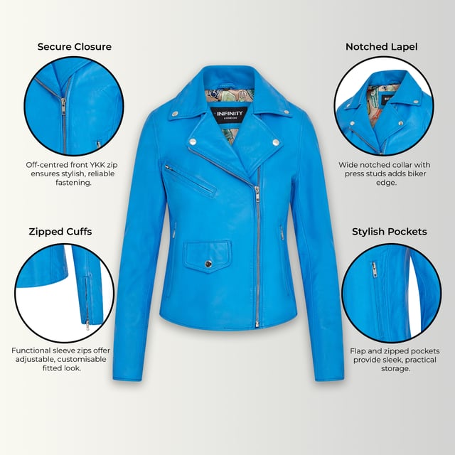 Blaue klassische Brando-Biker-Lederjacke für Damen – Broome Diese auffällige Bikerjacke aus luxuriösem Lammnappaleder bietet eine schlanke, moderne Passform mit einem weichen Satinfutter für ganztägigen Tragekomfort. Mit vier Außentaschen und einer Innentasche ist sie stilvoll und praktisch zugleich. Perfekt, um lässige Outfits mit einer lebendigen, ausgefallenen Note aufzuwerten. Hauptmerkmale: Aus hochwertigem Lammnappaleder. Weiches und atmungsaktives Satin-Innenfutter. Klassische Biker-Silhouette mit asymmetrischem Reißverschluss. Vier funktionale Außentaschen (mit Reißverschluss und Klappe). Eine Innentasche für zusätzlichen Komfort. Reißverschlussbündchen für verstellbare Passform und Stil. Leicht und geschmeidig für hohen Tragekomfort.
