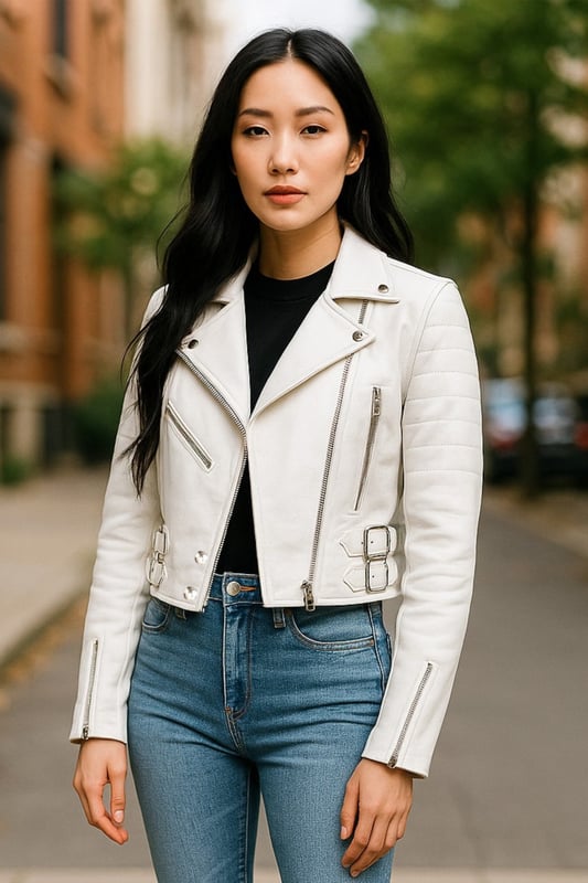 Indulge in sleek luxury with this cropped Brando-style leather jacket. Crafted from ultra-soft lamb nappa leather and lined with premium satin, it blends timeless biker attitude with modern elegance. Sophisticated detailing and a flattering silhouette make it a versatile essential for every fashion-forward wardrobe.

Key Features:
Soft and supple lamb nappa leather
Premium polyester inner lining for comfort
Cropped fit for a chic, flattering look
Classic Brando-style notched lapel
Off-centered YKK zip front fastening
Stylish quilted shoulders for a distinctive edge
2 outer extended vertical zipped pockets
Zipped cuffs – roll them up for a custom look
Buckle-adjustable side belts for a tailored fit