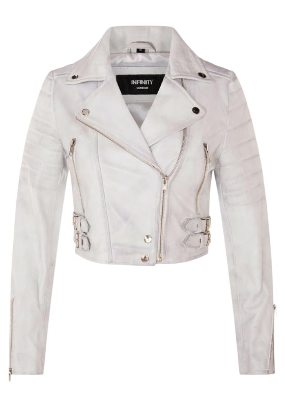 Indulge in sleek luxury with this cropped Brando-style leather jacket. Crafted from ultra-soft lamb nappa leather and lined with premium satin, it blends timeless biker attitude with modern elegance. Sophisticated detailing and a flattering silhouette make it a versatile essential for every fashion-forward wardrobe.

Key Features:
Soft and supple lamb nappa leather
Premium polyester inner lining for comfort
Cropped fit for a chic, flattering look
Classic Brando-style notched lapel
Off-centered YKK zip front fastening
Stylish quilted shoulders for a distinctive edge
2 outer extended vertical zipped pockets
Zipped cuffs – roll them up for a custom look
Buckle-adjustable side belts for a tailored fit