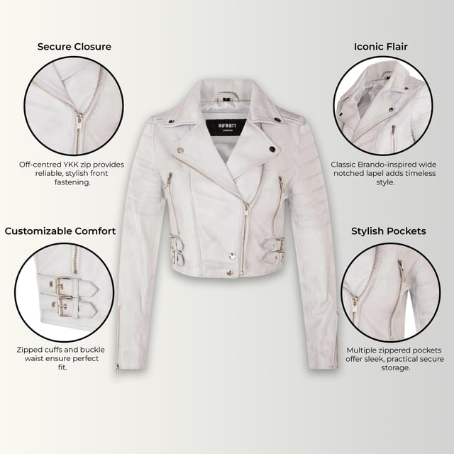 Indulge in sleek luxury with this cropped Brando-style leather jacket. Crafted from ultra-soft lamb nappa leather and lined with premium satin, it blends timeless biker attitude with modern elegance. Sophisticated detailing and a flattering silhouette make it a versatile essential for every fashion-forward wardrobe.

Key Features:
Soft and supple lamb nappa leather
Premium polyester inner lining for comfort
Cropped fit for a chic, flattering look
Classic Brando-style notched lapel
Off-centered YKK zip front fastening
Stylish quilted shoulders for a distinctive edge
2 outer extended vertical zipped pockets
Zipped cuffs – roll them up for a custom look
Buckle-adjustable side belts for a tailored fit