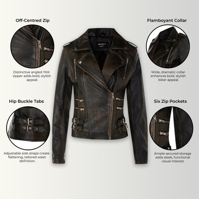 Esta chaqueta biker cruzada es un éxito de ventas, apreciada por su silueta definida y estilo. Con solapa ancha de muesca, charreteras y múltiples bolsillos con cremallera, combina funcionalidad y estilo. Las hebillas ajustables y el corte entallado mejoran la comodidad y el estilo. Disponible en una amplia gama de colores. Características principales: 100 % piel napa premium ultrasuave. Forro de mezcla de poliéster de alta calidad. Cierre descentrado con cremallera YKK. Solapa ancha de muesca con botones a presión. Charreteras con cierre de botón. Seis bolsillos exteriores con cremallera. Hebillas ajustables en la cadera. Diseño biker corto y entallado.