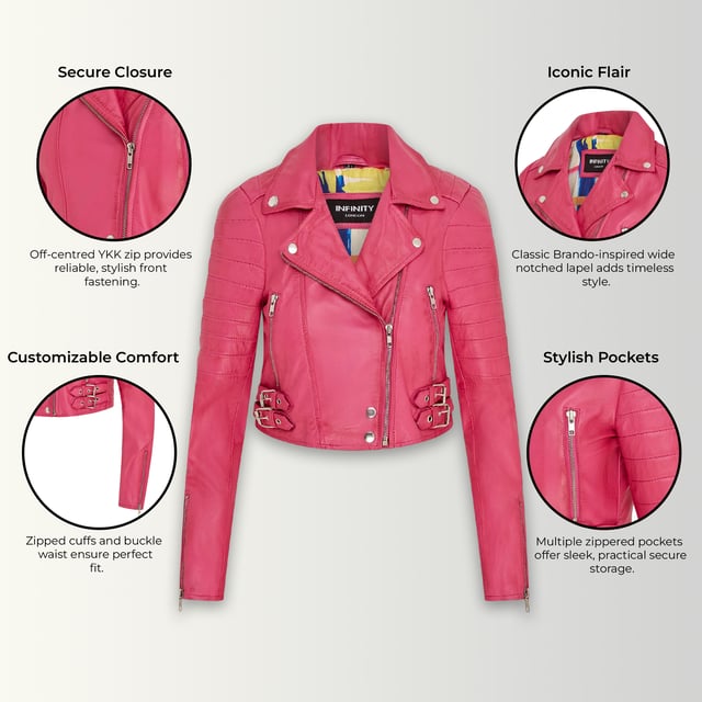 Gönnen Sie sich eleganten Luxus mit dieser kurzen Lederjacke im Brando-Stil. Sie ist aus ultraweichem Lammnappaleder gefertigt und mit hochwertigem Satin gefüttert. Sie verbindet zeitlosen Biker-Look mit moderner Eleganz. Anspruchsvolle Details und eine schmeichelhafte Silhouette machen sie zu einem vielseitigen Basic für jede modebewusste Garderobe. Wichtige Eigenschaften: Weiches und geschmeidiges Lammnappaleder Innenfutter aus hochwertigem Polyester für mehr Komfort Kurze Passform für einen schicken, schmeichelhaften Look Klassisches Revers im Brando-Stil Dezentrierter YKK-Reißverschluss vorne Stilvoll gesteppte Schultern für eine unverwechselbare Note 2 verlängerte vertikale Außentaschen mit Reißverschluss Ärmelbündchen mit Reißverschluss – krempeln Sie sie hoch für einen individuellen Look Seitliche Gürtel mit Schnallenverstellung für eine maßgeschneiderte Passform