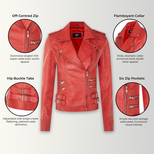 This double-breasted biker jacket is a top seller, loved for its sharp silhouette and stylish flair. With a wide notched lapel, shoulder epaulettes, and multiple zip pockets, it blends function with fashion. Adjustable buckle tabs and slim fit enhance comfort and style. Available in a wide range of colours.

Key Features:

100% premium ultra-soft Nappa leather
High-quality polyester blend lining
Off-centre YKK zip fastening
Wide notched lapel with press studs
Shoulder epaulettes with stud fastening
Six zipped exterior pockets for storage
Adjustable buckle tabs at the hips
Slim-fitting, cropped biker design