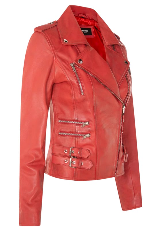 This double-breasted biker jacket is a top seller, loved for its sharp silhouette and stylish flair. With a wide notched lapel, shoulder epaulettes, and multiple zip pockets, it blends function with fashion. Adjustable buckle tabs and slim fit enhance comfort and style. Available in a wide range of colours.

Key Features:

100% premium ultra-soft Nappa leather
High-quality polyester blend lining
Off-centre YKK zip fastening
Wide notched lapel with press studs
Shoulder epaulettes with stud fastening
Six zipped exterior pockets for storage
Adjustable buckle tabs at the hips
Slim-fitting, cropped biker design
