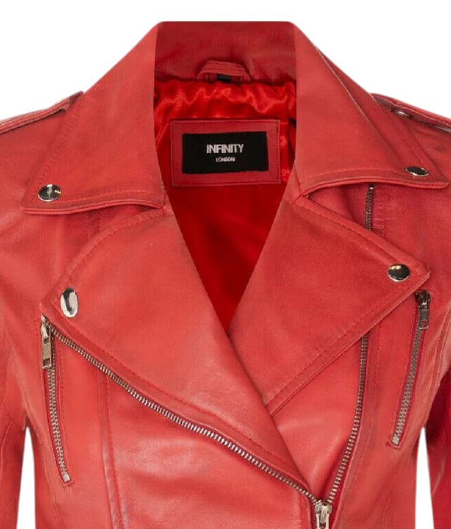 This double-breasted biker jacket is a top seller, loved for its sharp silhouette and stylish flair. With a wide notched lapel, shoulder epaulettes, and multiple zip pockets, it blends function with fashion. Adjustable buckle tabs and slim fit enhance comfort and style. Available in a wide range of colours.

Key Features:

100% premium ultra-soft Nappa leather
High-quality polyester blend lining
Off-centre YKK zip fastening
Wide notched lapel with press studs
Shoulder epaulettes with stud fastening
Six zipped exterior pockets for storage
Adjustable buckle tabs at the hips
Slim-fitting, cropped biker design